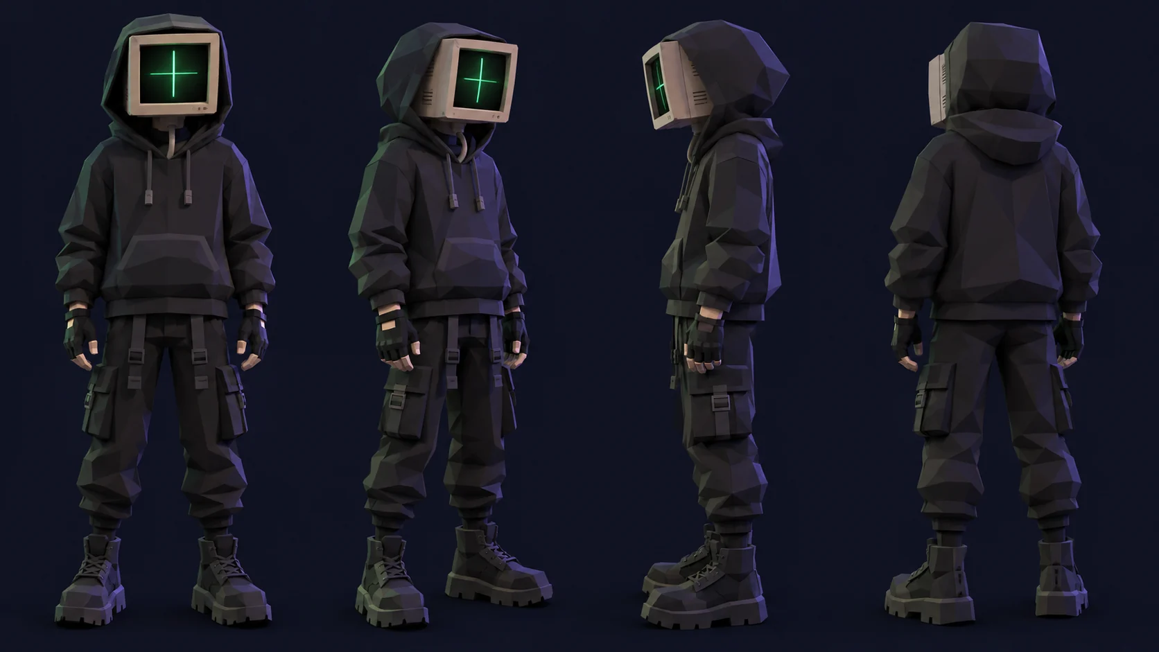 snipeagent from four sides: hoodie, cargo pants, heavy boots and a 1998 monitor where the head should be